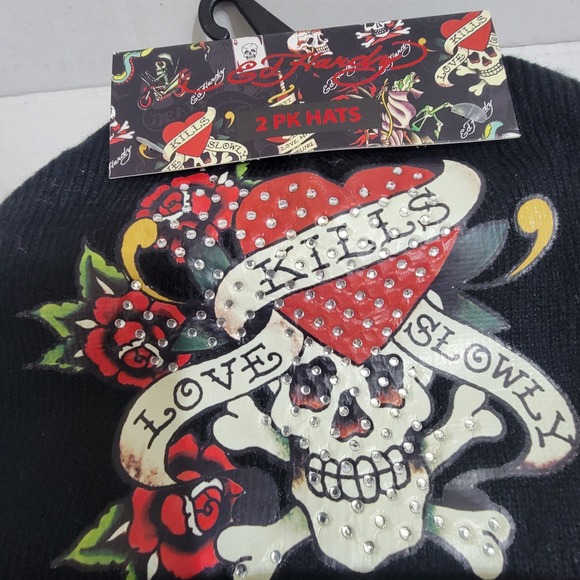 Ed Hardy 2-Pk Knit Beanie Hat Skull Love Kills‎ Tiger Y2K One Sz Embroidered NWT main image 5